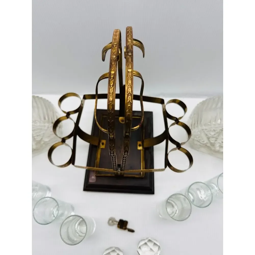 Vintage Cut Glass Decanter Set Brass Holder 6 Shot Glasses Wooden Base Barware